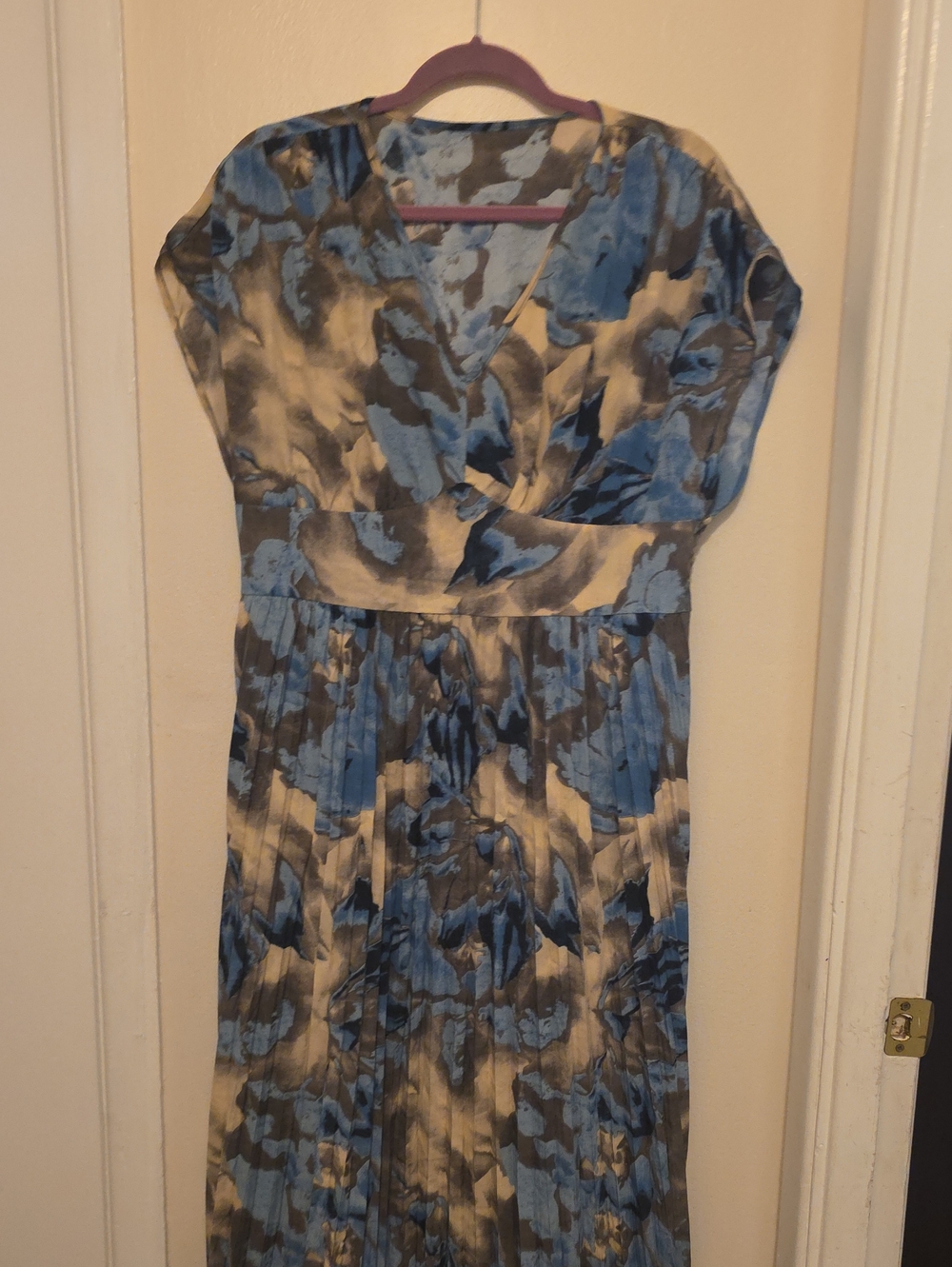 Blue and Gray Floral V-Neck Midi Dress